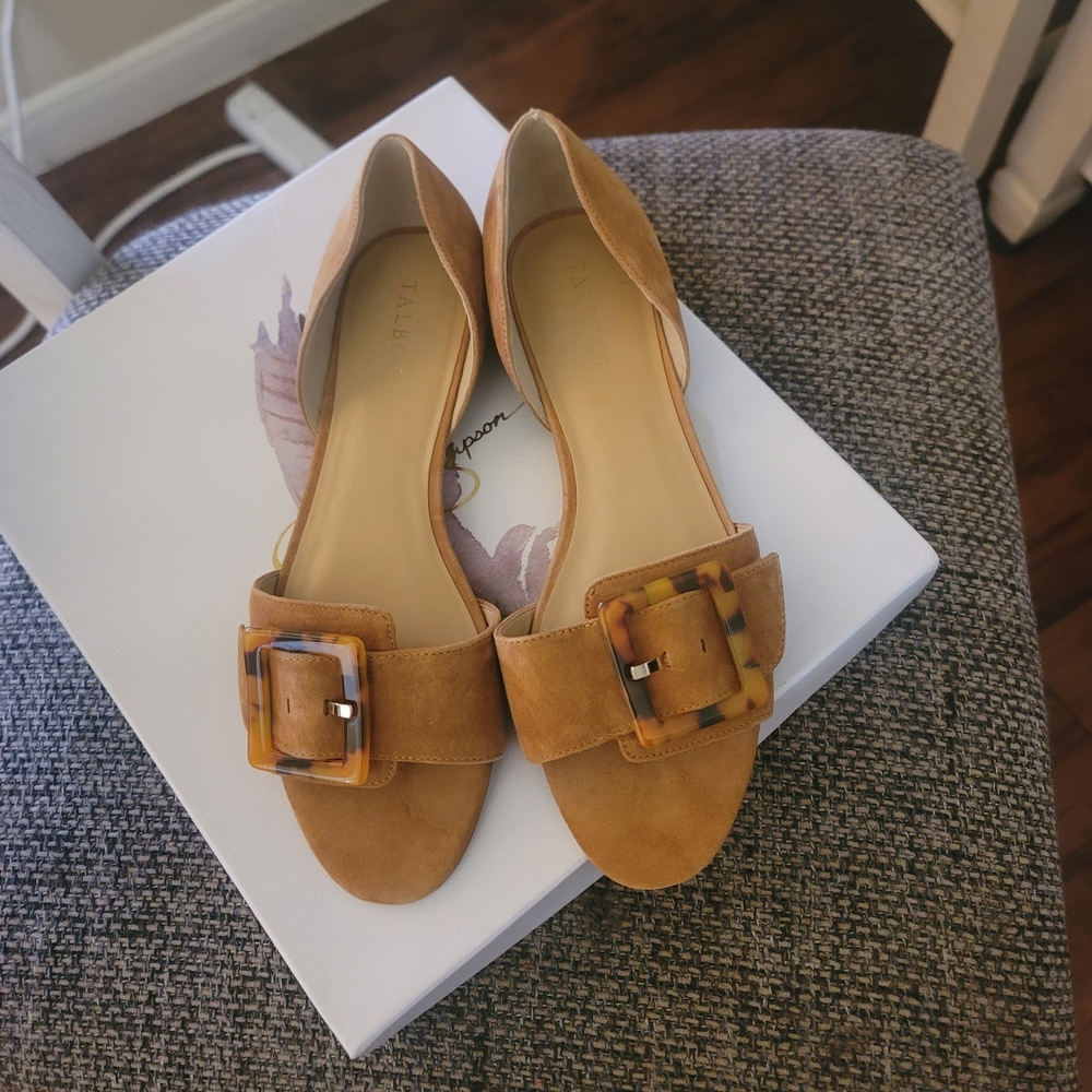 Talbots Tan Suede D'Orsay Flats with Tortoiseshell Buckles